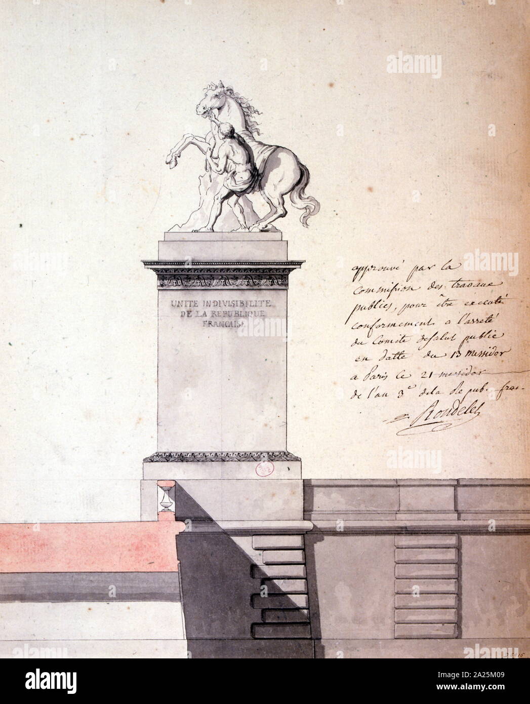 Architectural drawing of a mounted figure for a statue in 19th century Paris Stock Photo