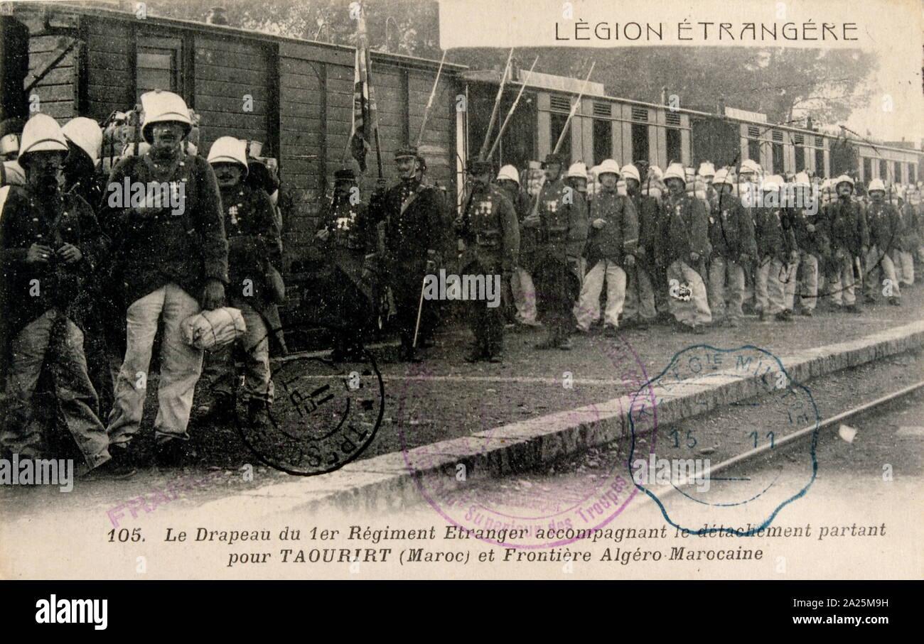 French legionnaire colonial soldiers at a railway station on the  Algeria-Morocco border 1911. postcard Stock Photo - Alamy
