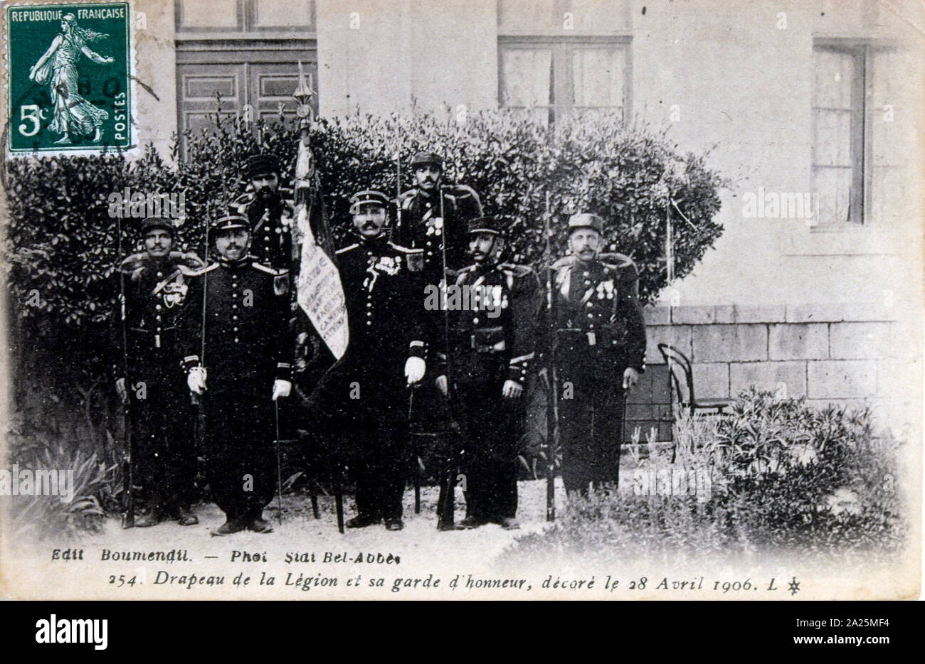 French legionnaire colonial soldiers on flag duty in Sidi Bel Abbès, Algeria. postcard 1909 Stock Photo