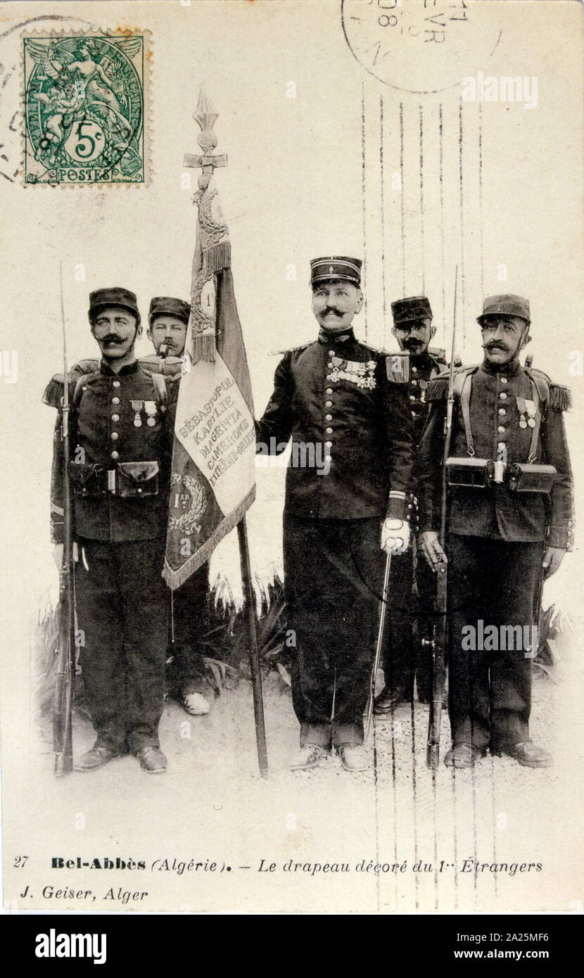 French legionnaire colonial soldiers on flag duty in Sidi Bel Abbès, Algeria. postcard 1908 Stock Photo