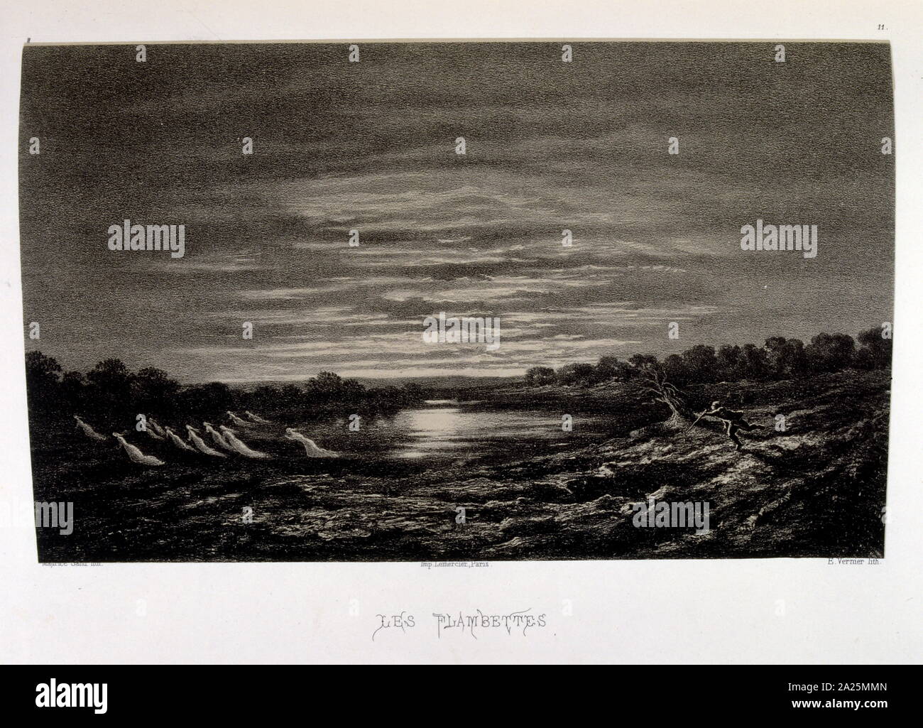 Sunset 1858. Lithograph by Amantine Lucile Dupin (1804 – 1876), known by her nom de plume George Sand. A French novelist and memoirist. She is equally well known for her much publicized romantic affairs with a number of artists, including the composer and pianist Frédéric Chopin and the writer Alfred de Musset. Stock Photo
