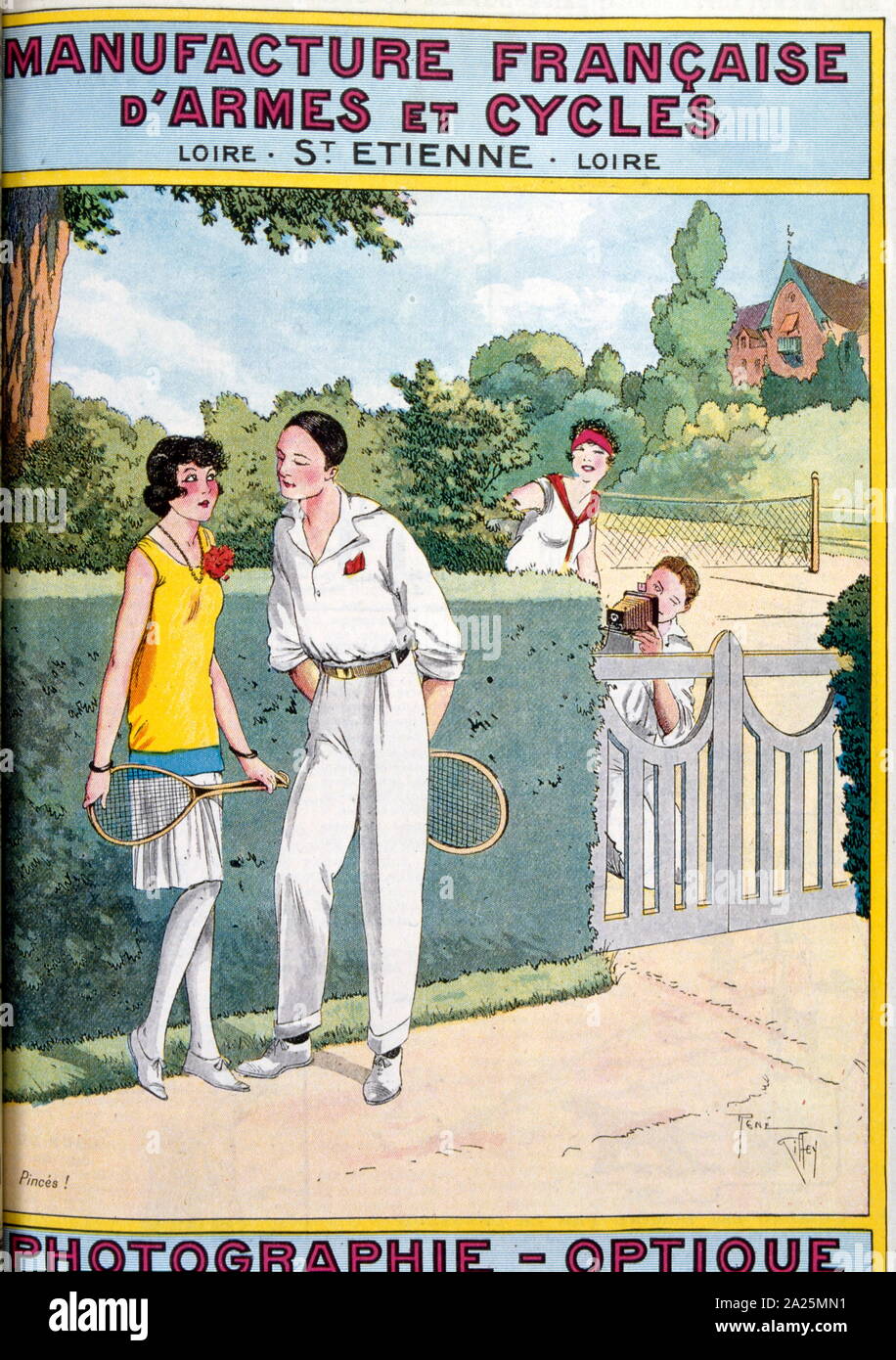 French magazine cover depicting, Suzanne Lenglen (1899 – 1938) a French tennis player who won 31 Championship titles between 1914 and 1926. She dominated women's tennis from 1914 until 1926 when she turned professional. A flamboyant, trendsetting athlete, she was the first female tennis celebrity and one of the first international female sport stars, named La Divine (the Goddess) by the French press Stock Photo