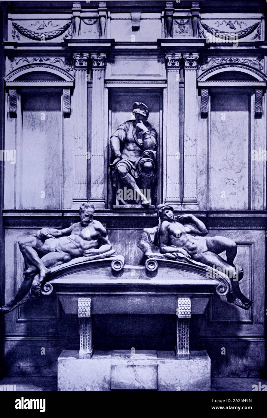 Tomb of Giuliano de Medici by Michelangelo. Michelangelo di Lodovico Buonarroti Simoni (1475-1564) an Italian sculptor, painter, architect and poet of the High Renaissance. Stock Photo