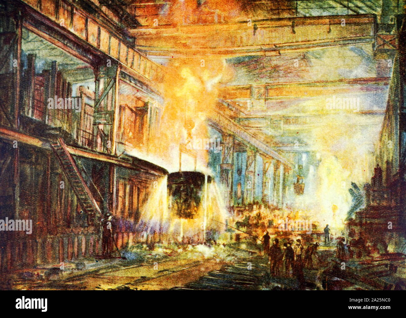 Watercolour painting depicting the interior of a steelworks in Sheffield Stock Photo