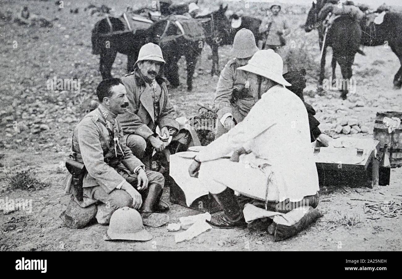 Photograph of war General Burguete in Africa, with his assistant and Chief of Staff. Stock Photo