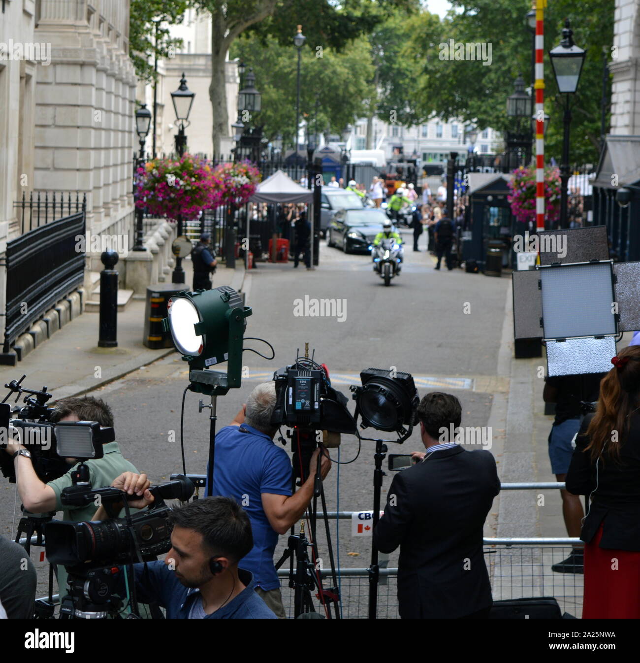 Theresa may arrives in downing street, london fro the last day of her premiership. theresa may, prime minister of the united kingdom, 13 july 2016 - 24 july 2019. may was leader of the conservative party from july 2016 - 23 july 2019 Stock Photo