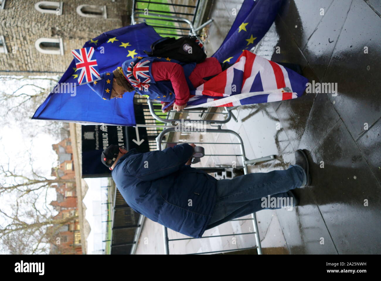 Eu flag adorns a protester near college green opposite the uk parliament. march 2019, protest demanding a fresh eu referendum Stock Photo