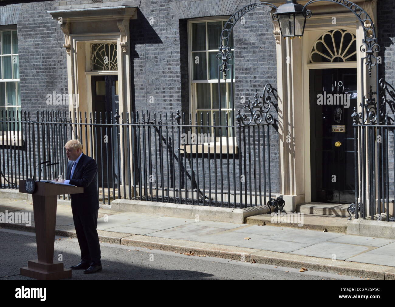 Boris johnson; (born 19 june 1964), british politician & prime minister of the united kingdom and leader of the conservative party since july 2019. boris johnson speaking in downing street on his first day as prime minister 24th july 2019 Stock Photo