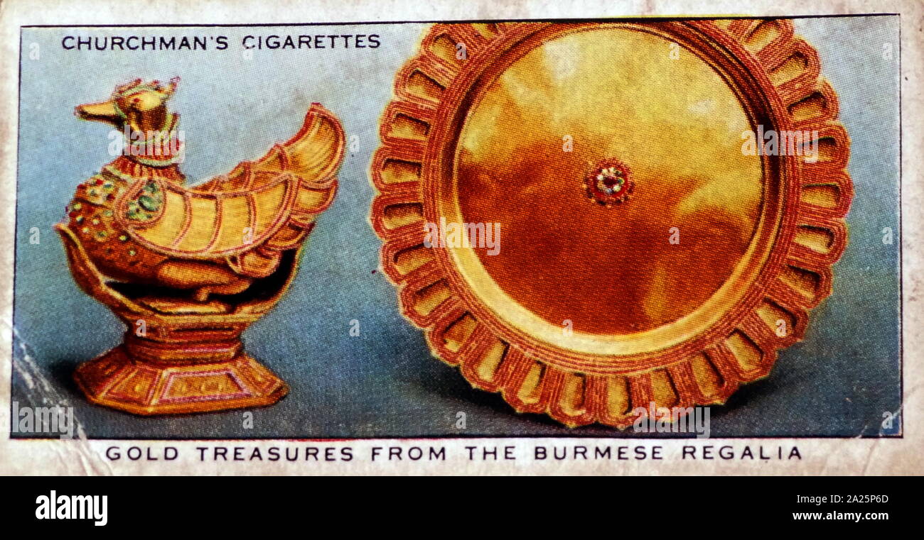 Churchman's cigarette card depicting the gold treasures from the burmese regalia Stock Photo