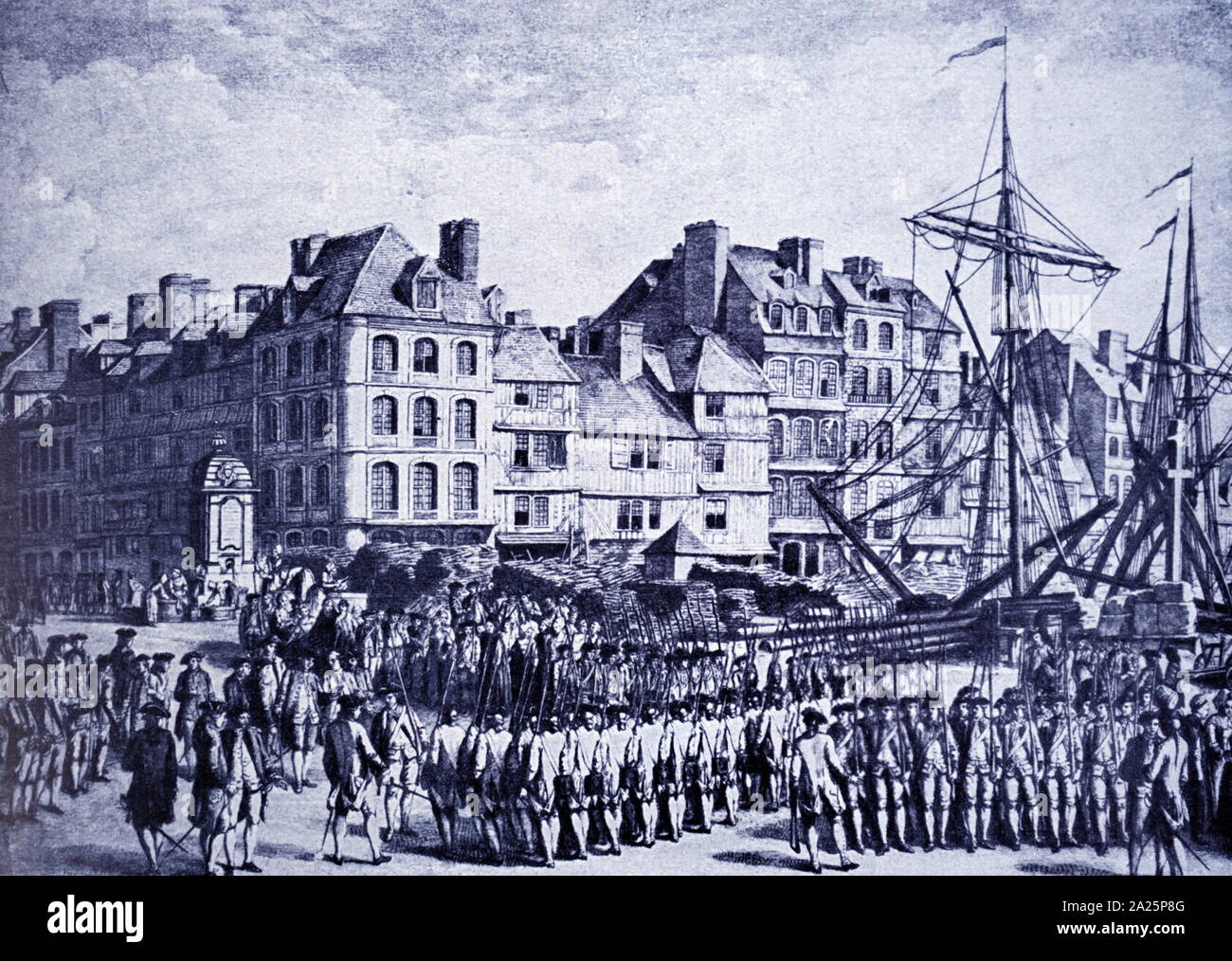 An engraving depicting&#13;&#10;hessian soldiers in front of the embarkation Stock Photo