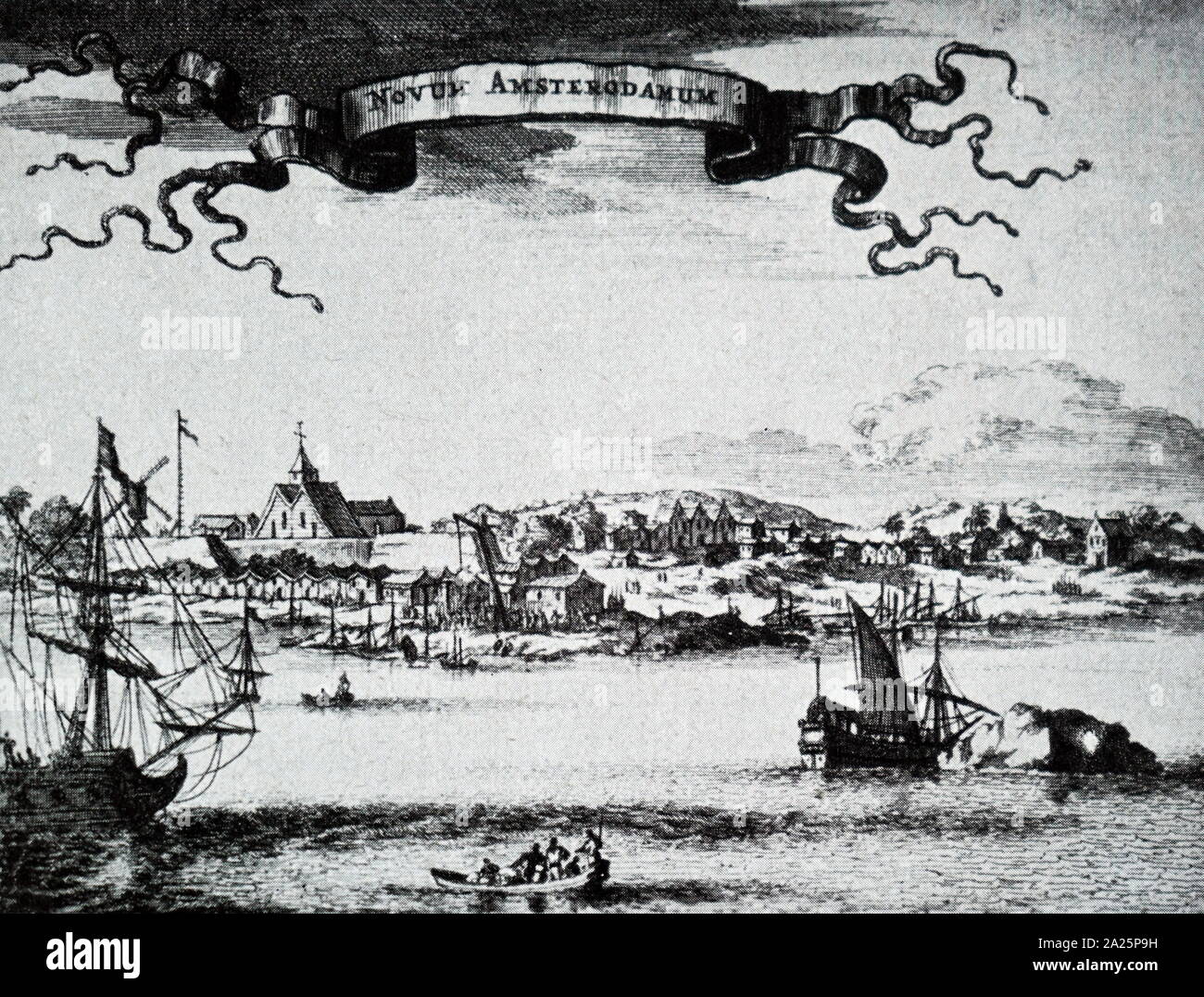 Woodcut engraving depicting a view of new amsterdam during the 17th century Stock Photo
