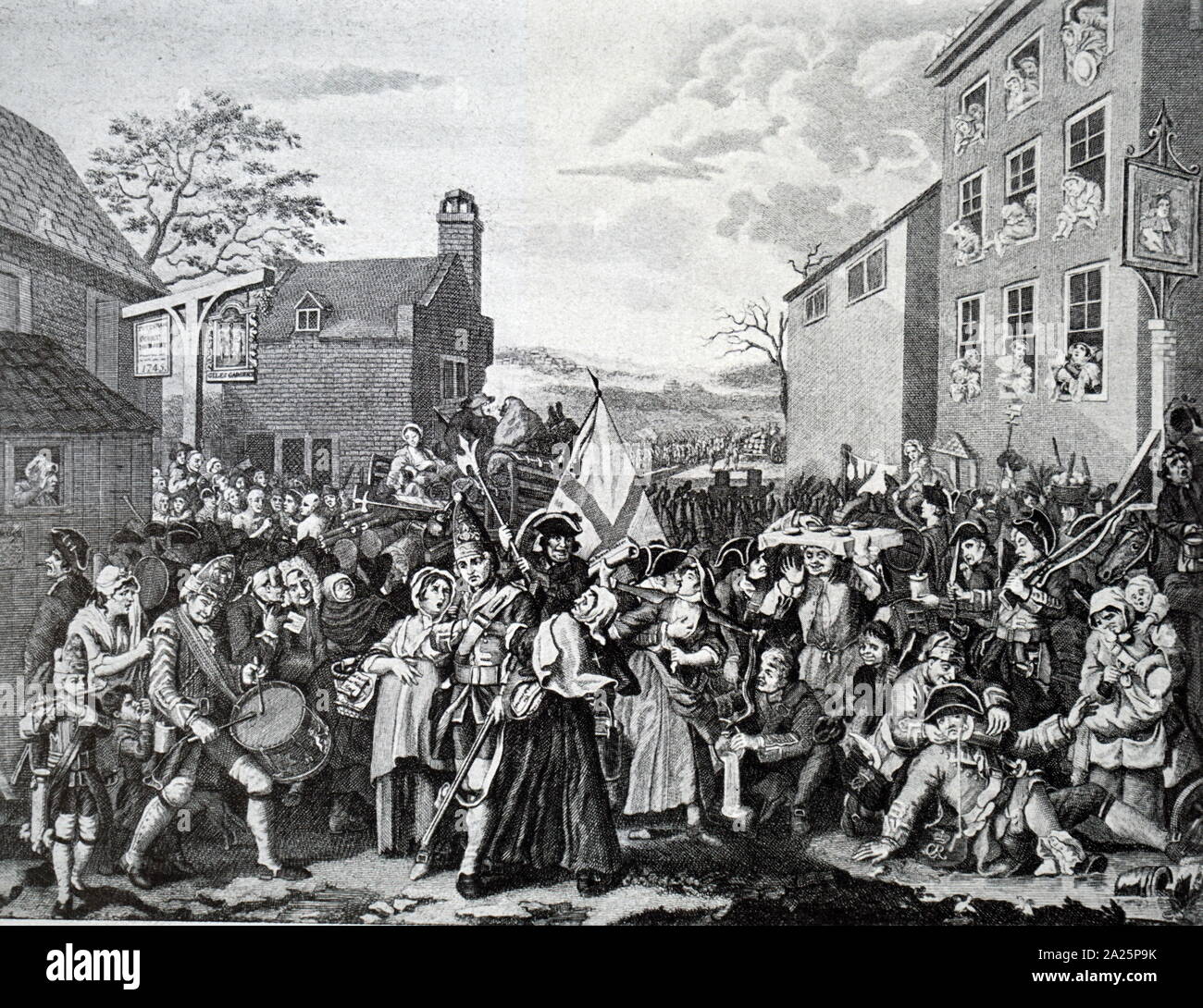 An engraving depicting the english leaving during the jacobite rising. Stock Photo
