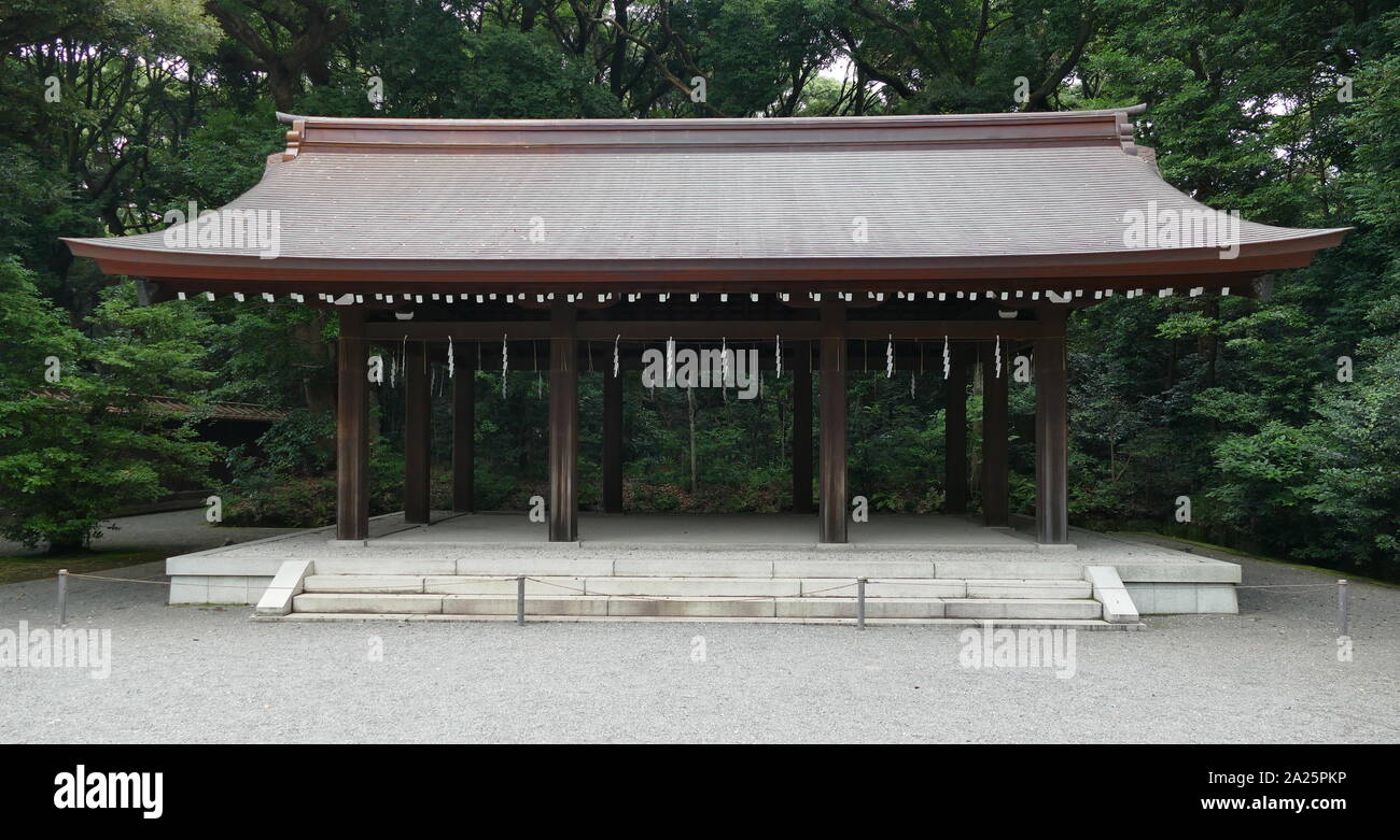 Meiji Shrine, in Shibuya, Tokyo. This Shinto shrine that is dedicated to the deified spirits of Emperor Meiji and his wife, Empress Shoken. The shrine does not contain the emperor's grave, which is located at Fushimi-momoyama, south of Kyoto. Stock Photo