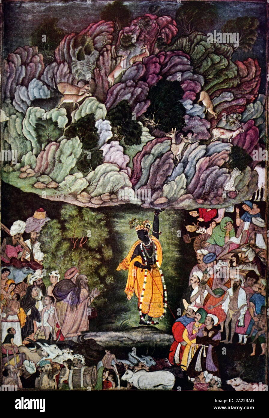 Indian illustration showing the God Krishna, holding mount Govardhan. Indian, Mughal 1556-1605. Tempera on paper Stock Photo