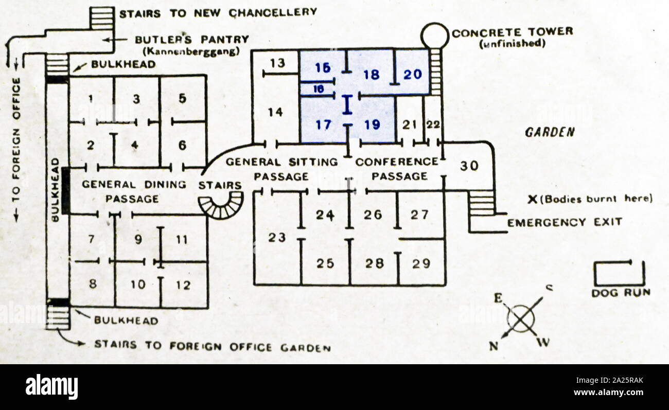 Plan of Hitler's Bunker under the Chancellery in Berlin. The rooms shown highlighted (15 - 20) were the private quarters of Adolf Hitler. Stock Photo