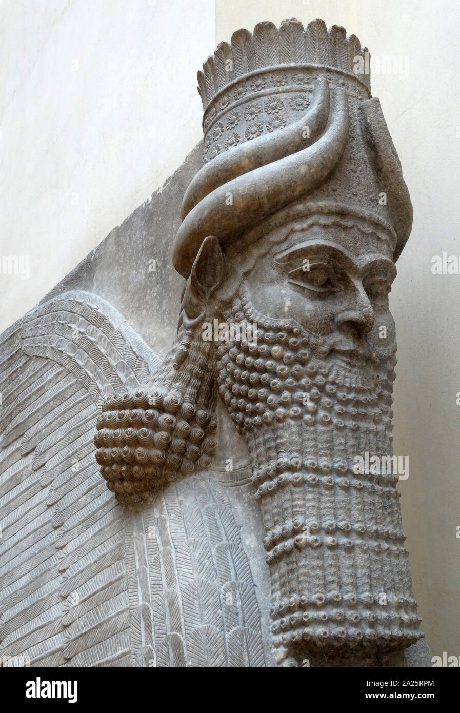Human-headed winged bull from Sargon II's palace in Dur-Sharrukin, modern Khorsabad. In art, Lamassu were depicted with bodies of either winged bulls or lions and heads of human males. Dur-Sharrukin (Fortress of Sargon?), present day Khorsabad, was the Assyrian capital in the time of Sargon II of Assyria. Khorsabad is a village in northern Iraq, northeast of Mosul. The great city was entirely built in the decade preceding 706 BC Stock Photo