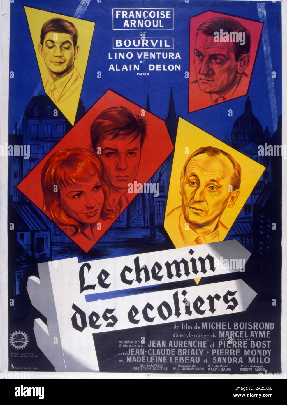 Film poster for 'Le chemin des ecoliers' a 1959 French film starring Alain Delon. It is based on the novel The Transient Hour by Marcel Ayme. Stock Photo