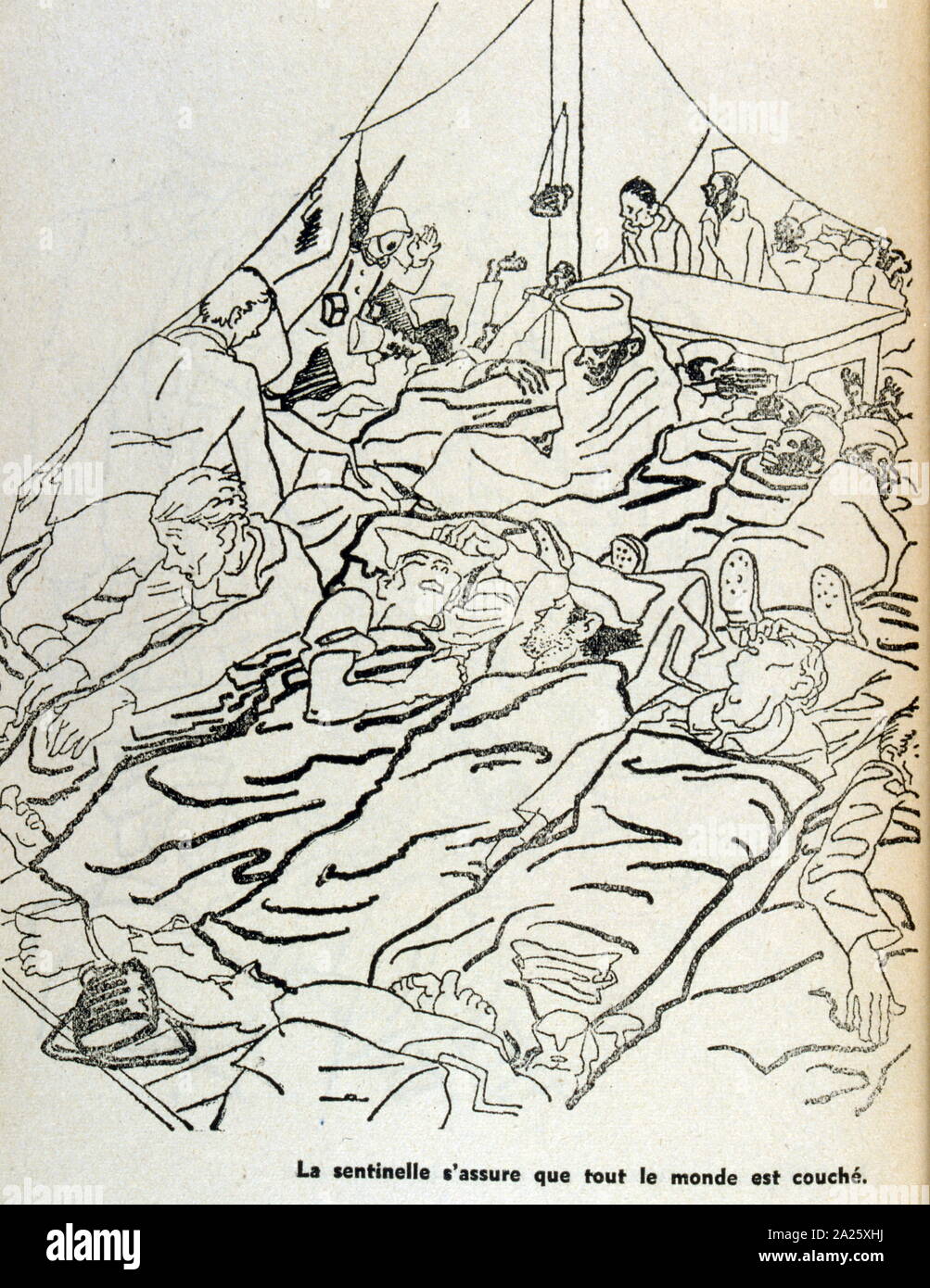 illustration of French prisoners of war being woken up by a German captor. Drawn by Antoine de Roux 1940. Troops from Senegal, and North Africa are shown Stock Photo