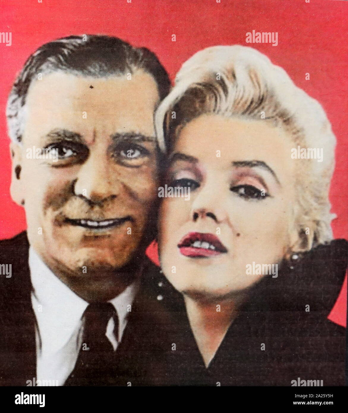 Colour photograph of Laurence Olivier with Marilyn Monroe. Laurence Kerr Olivier, Baron Olivier (1907-1989) an English actor and director. Marilyn Monroe (1926-1962) an American actress, model, and singer. Stock Photo
