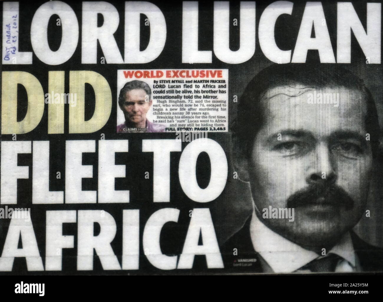 Newspaper headline reporting on Lord Lucan. Richard John Bingham, 7th Earl of Lucan (1934-1974) a British peer who disappeared after being suspected of murder. Stock Photo