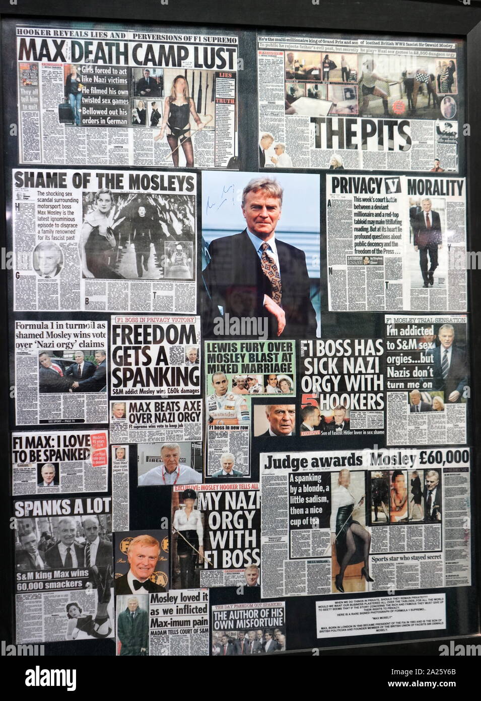 Montage of newspapers commenting on Max Mosley. Max Rufus Mosley (1940-) the former president of the Federation Internationale de l'Automobile - the governing body for Formula One and other international motorsports. Stock Photo