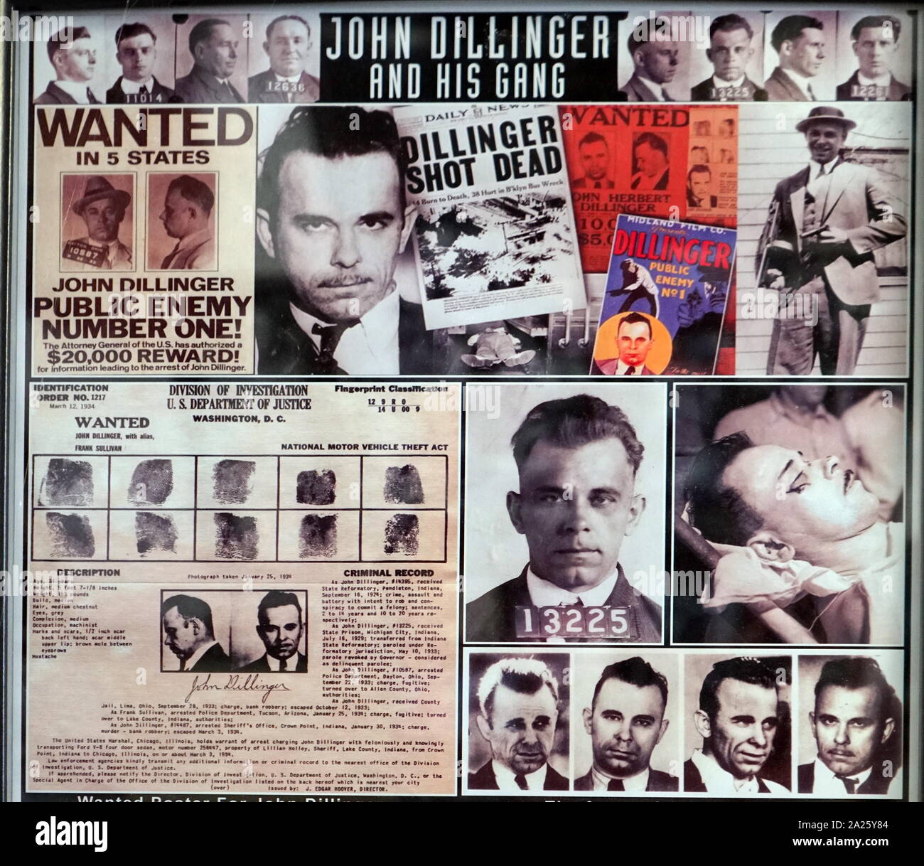 Montage of pictures, headlines and documents relating to John Dillinger and his gang. John Herbert Dillinger (1903-1934) an American gangster in the Depression-era United States. Stock Photo