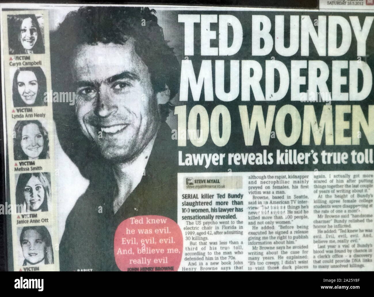Newspaper headline reporting on the victims of Ted Bundy. Theodore Robert Bundy (1946-1989) an American serial killer, kidnapper rapist, burglar, and necrophile. Stock Photo