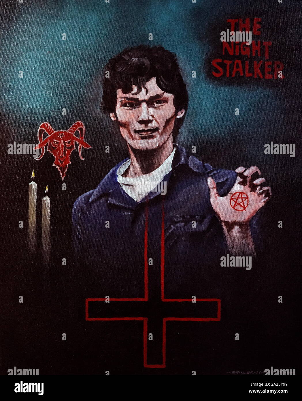 A painting depicting Richard Ramirez (Nightstalker). Ricardo Leyva Munoz  Ramirez (1960-2013) an American serial killer, rapist, and burglar.  Painting by Paul Bridgman Stock Photo - Alamy