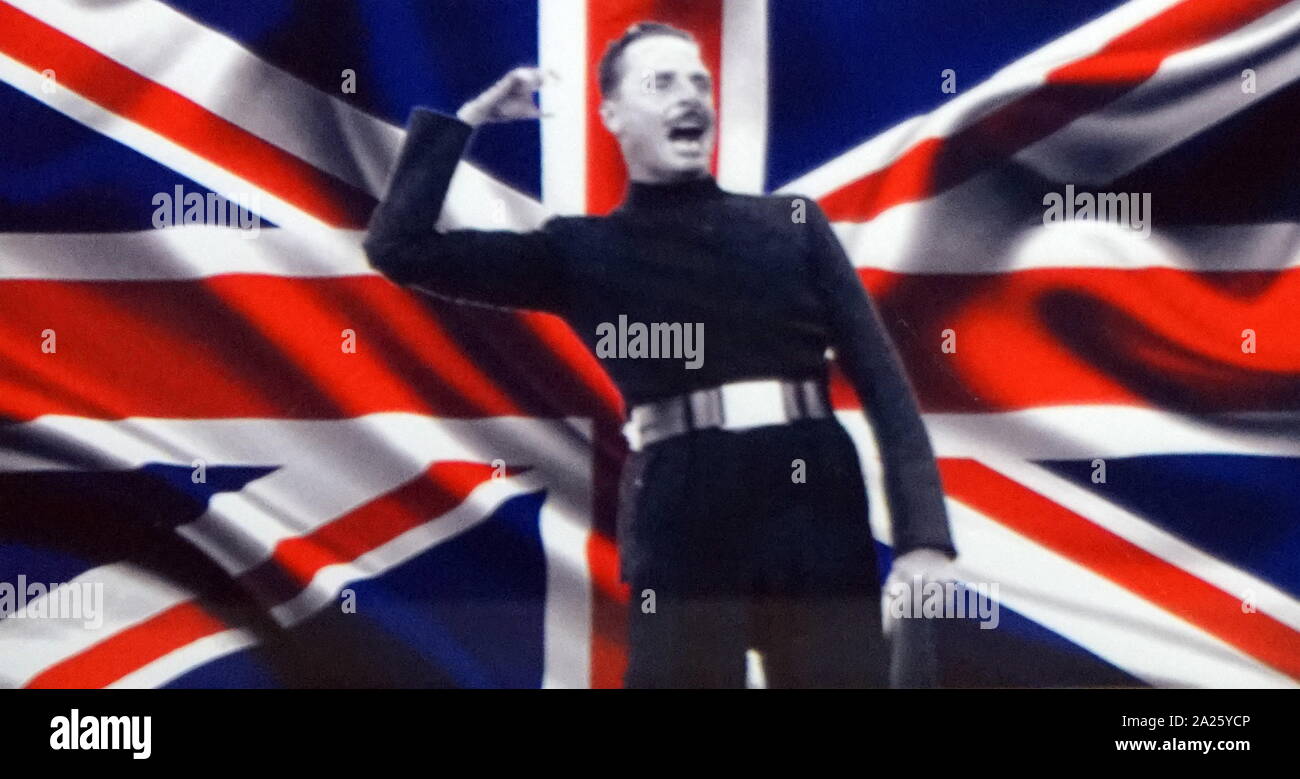 Photograph of Oswald Mosley superimposed onto a Union Jack Flag. Sir Oswald Ernald Mosley of Ancoats (1896-1980) a British politician, Member of Parliament and leader of the British Union of Fascists. The BUF was a fascist political party in the United Kingdom formed in 1932 by Oswald Mosley Stock Photo