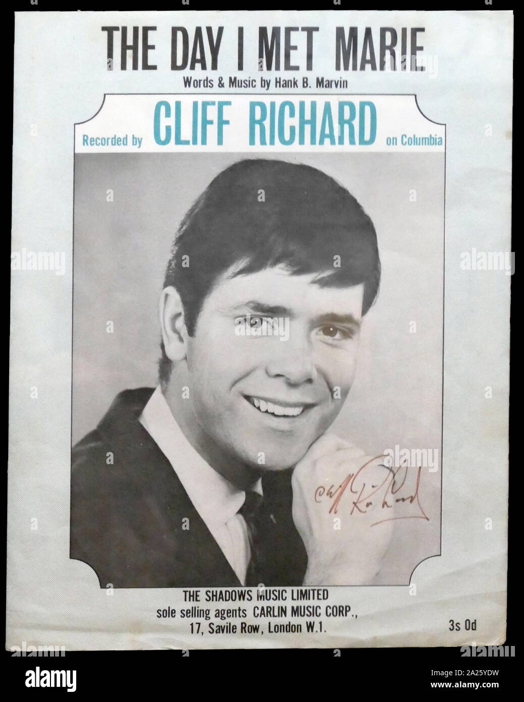 Signed record cover Cliff Richard's 'The Day I Met Marie'. Cliff Richard (1940-) a British pop singer, musician, performer, actor and philanthropist. Stock Photo