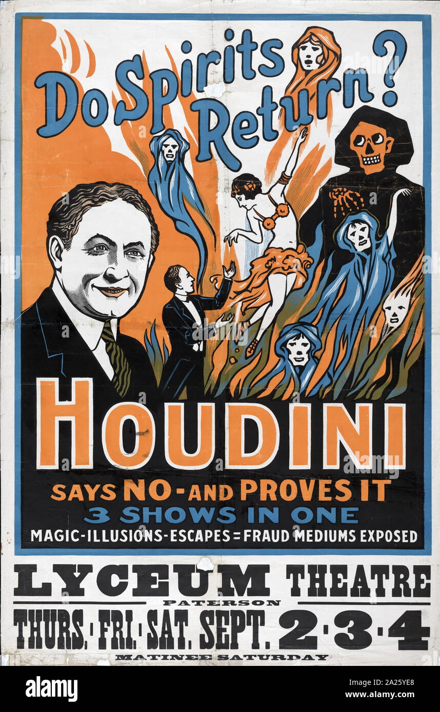 Poster for Harry Houdini's show at the Lyceum Theatre. Harry Houdini (1874-1926) a Hungarian-born American illusionist and stunt performer. Stock Photo