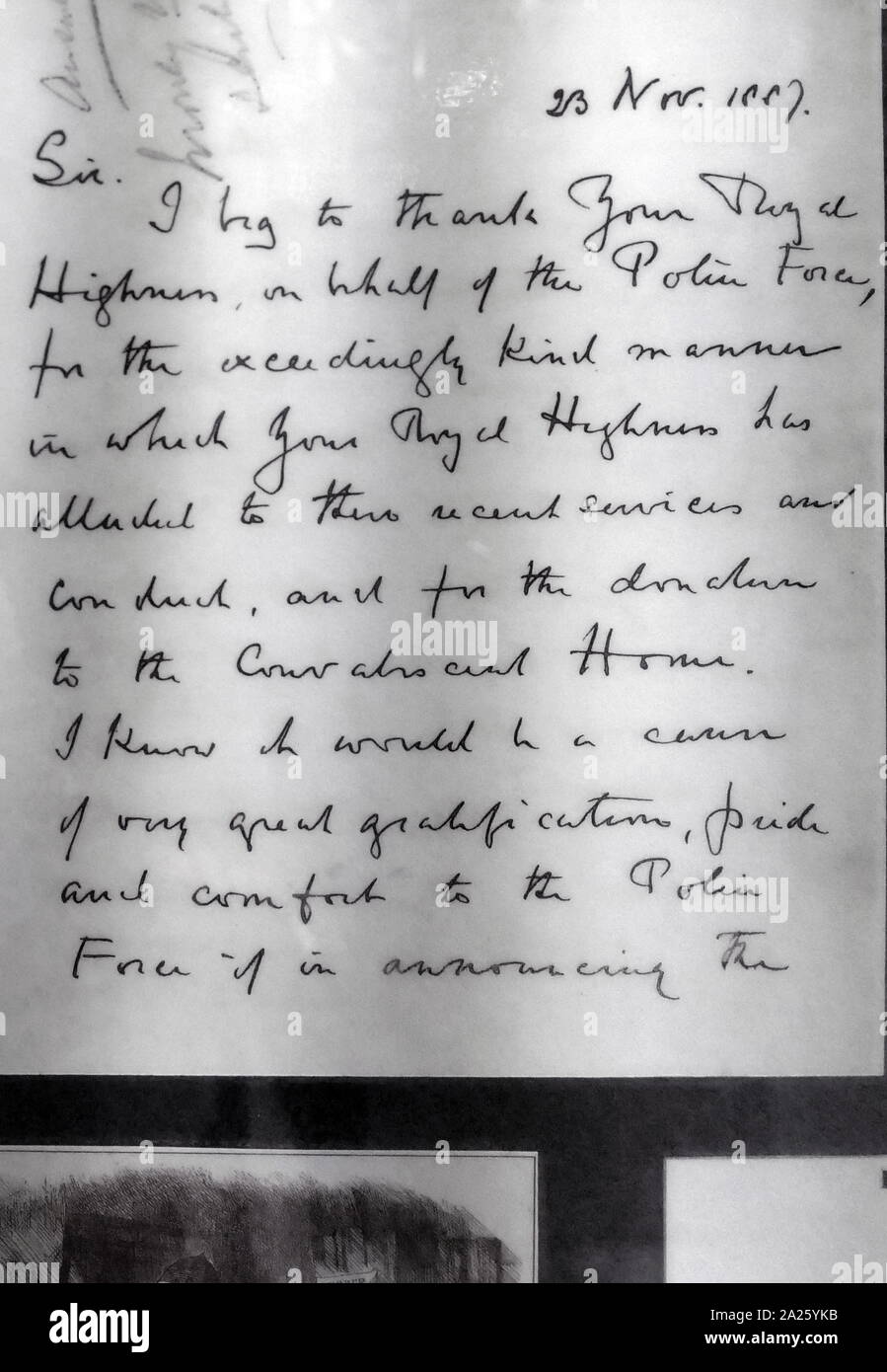 Letter addressed to the Duke of Cambridge by Sir Charles Warren thanking him for his donation to the police office. Sir Charles Warren (1840-1927) a British engineer who was appointed the Chief Commissioner of the Metropolitan Police in March 1886. Stock Photo