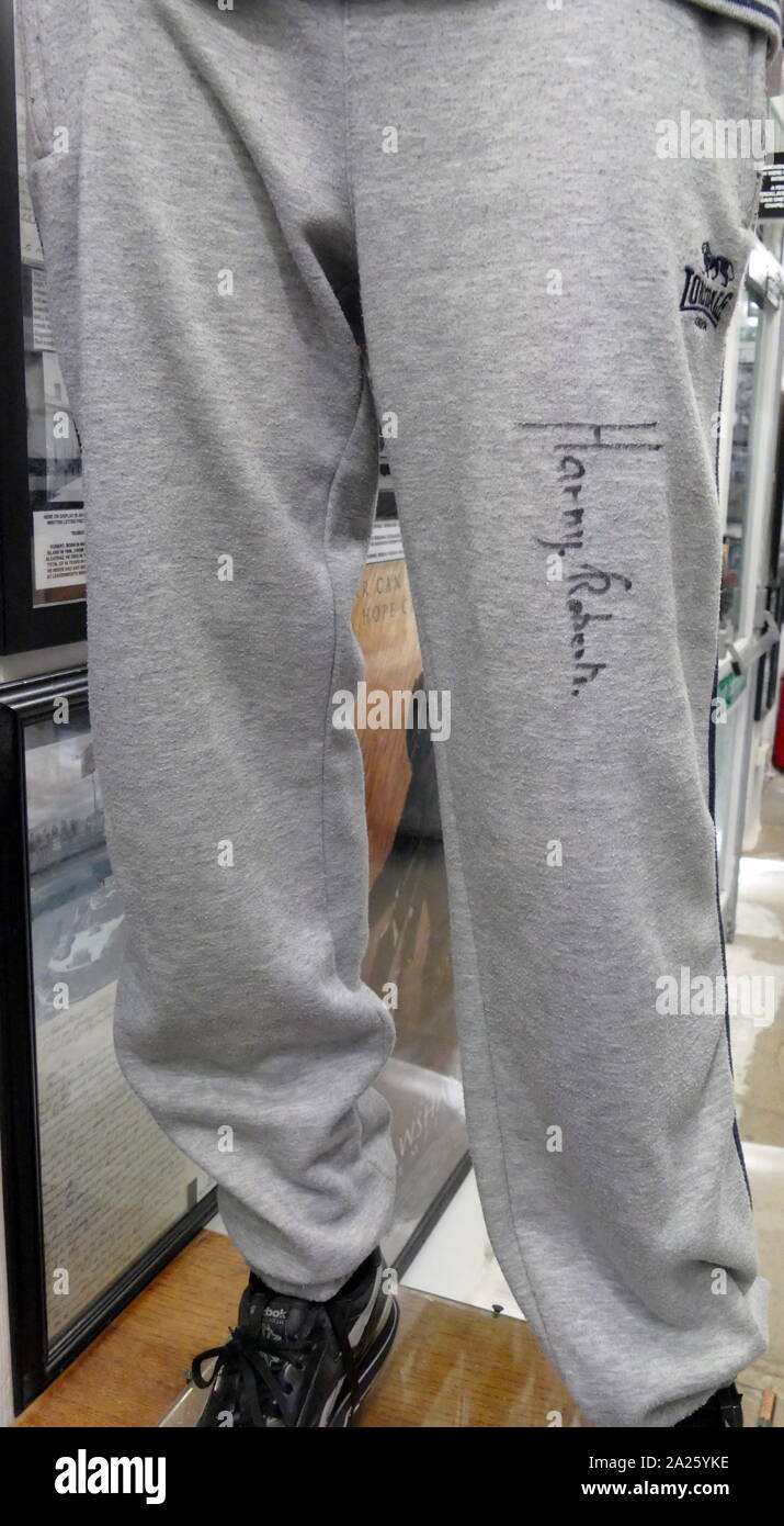 A pair of joggers worn and signed by Harry Maurice Roberts (1936-) an English career criminal who in 1966 instigated the Shepherd's Bush murders. Stock Photo