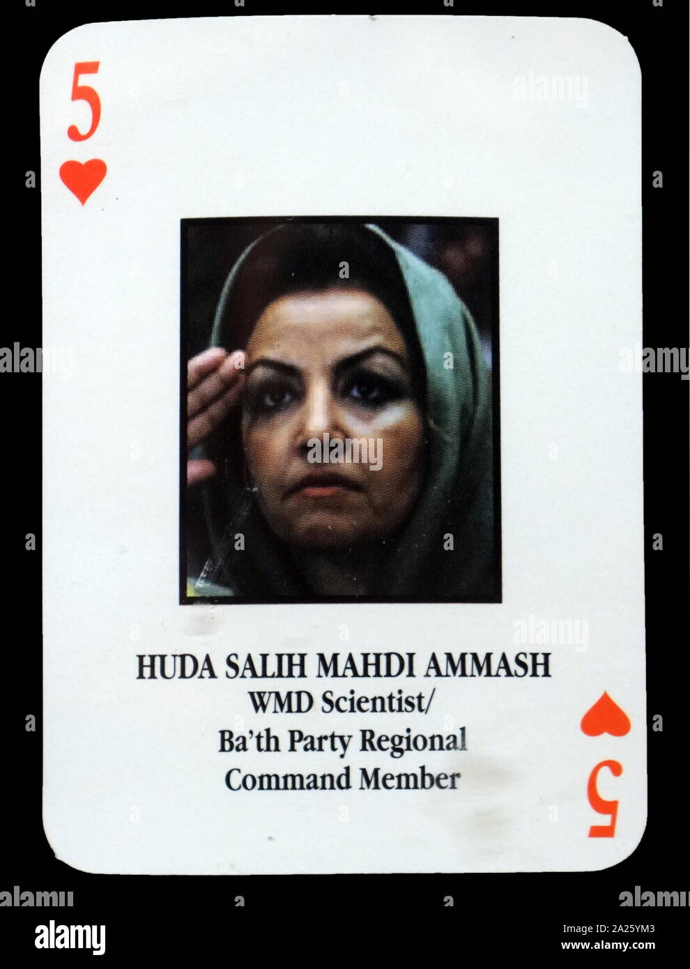 Most-wanted Iraqi playing cards - Huda Salih Mahdi Ammash (WMD Scientist/ Ba'th Party Regional Command Member). The U.S. military developed a set of playing cards to help troop identify the most-wanted members of President Saddam Hussein's government during the 2003 invasion of Iraq. Stock Photo
