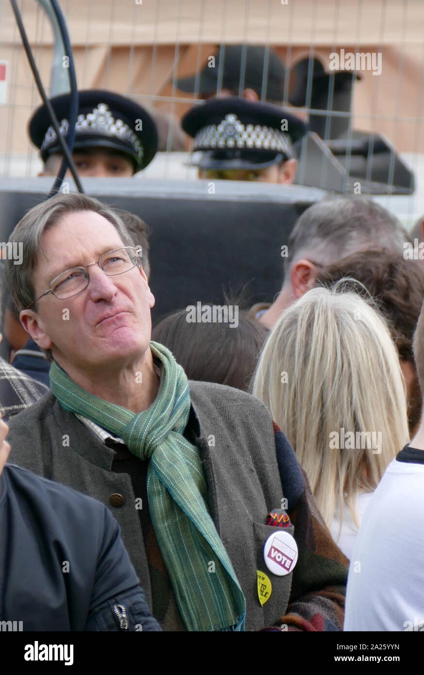 Dominic Grieve, British Conservative politician, at the 'People's Vote' march in Parliament Square, London. The People's Vote march took place in London on 23 March 2019 as part of a series of demonstrations to protest against Brexit, call for a new referendum, and ask the British Government to revoke Article 50. It brought to the capital hundreds of thousands of protestors, or over a million people according to the organizers. Stock Photo