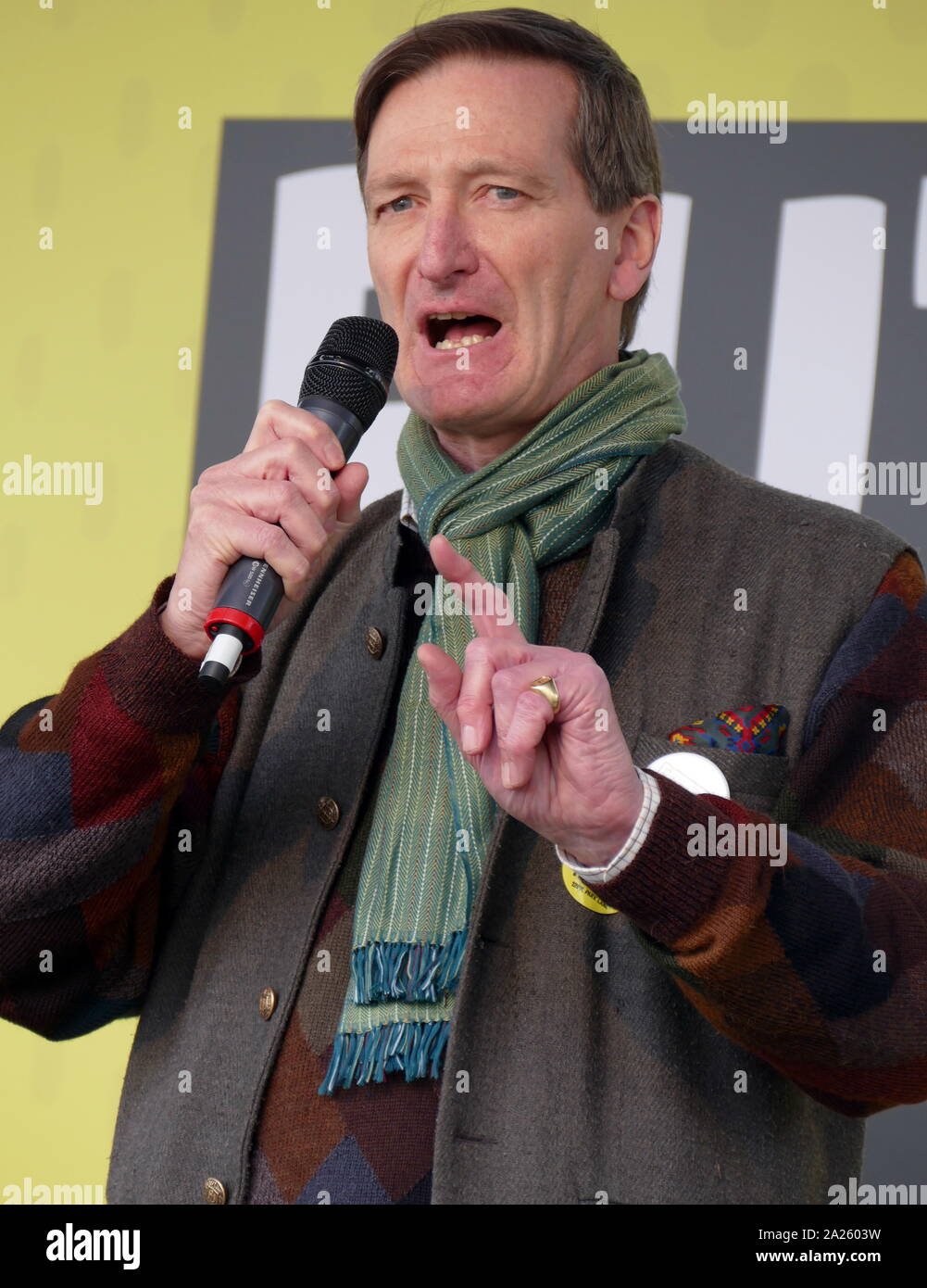 Dominic Grieve, British Conservative politician, addresses the 'People's Vote' march in Parliament Square, London. The People's Vote march took place in London on 23 March 2019 as part of a series of demonstrations to protest against Brexit, call for a new referendum, and ask the British Government to revoke Article 50. It brought to the capital hundreds of thousands of protestors, or over a million people according to the organizers. Stock Photo