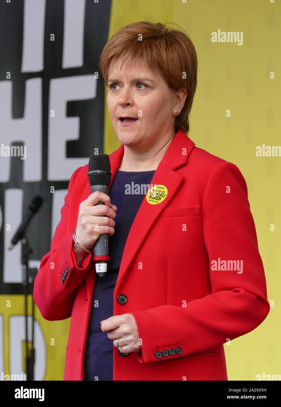 Nicola Ferguson Sturgeon, First Minister of Scotland addresses the 'People's Vote' march in Parliament Square, London. The People's Vote march took place in London on 23 March 2019 as part of a series of demonstrations to protest against Brexit, call for a new referendum, and ask the British Government to revoke Article 50. It brought to the capital hundreds of thousands of protestors, or over a million people according to the organizers. Stock Photo