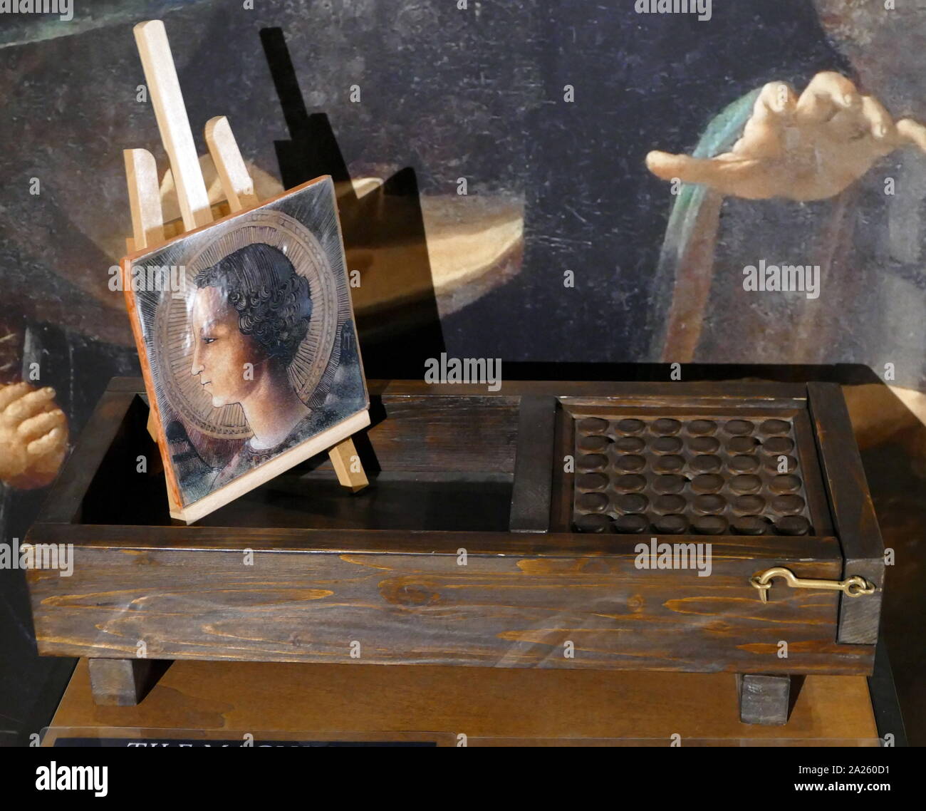 Model of from a drawing by Leonardo da Vinci on the method used to form tiles, with a wooden mould Stock Photo