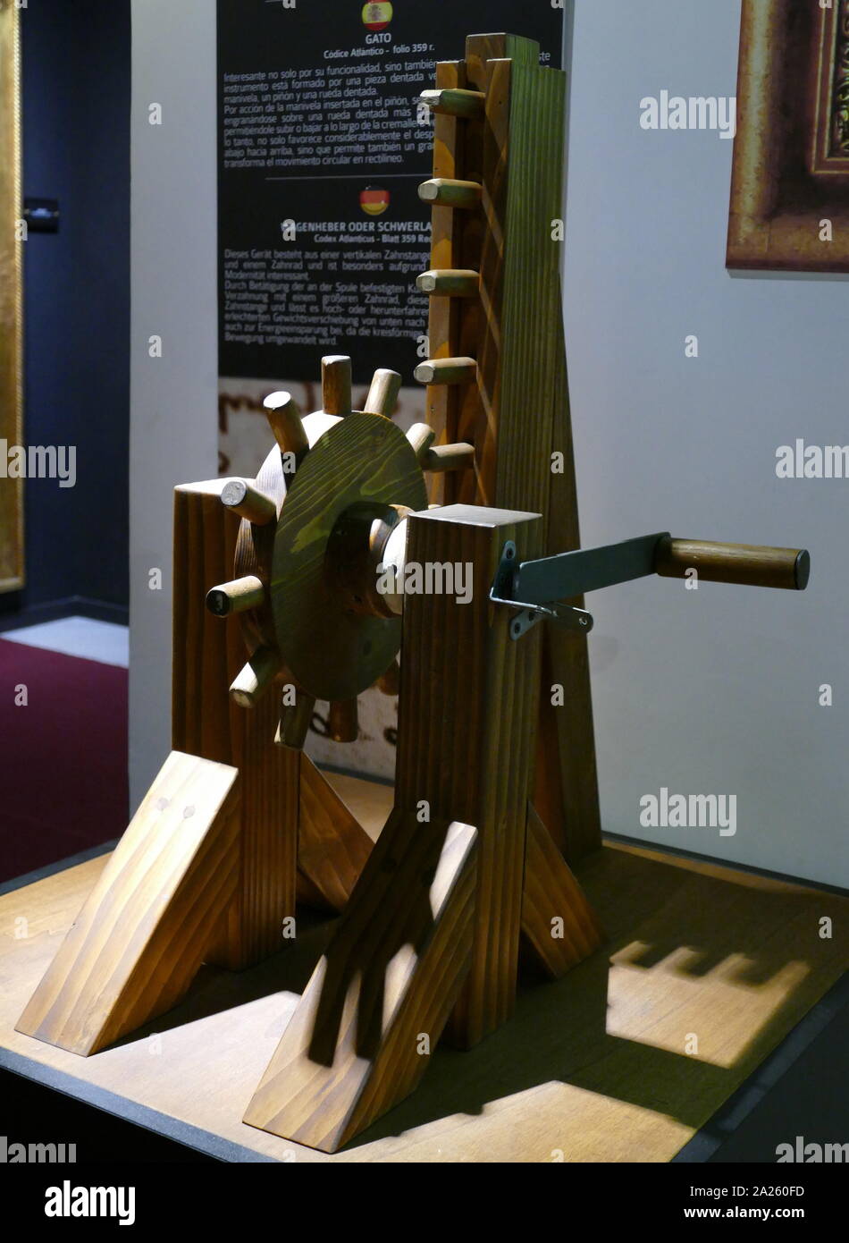 Model reconstruction showing a LIFTING JACK based on a drawing by Leonardo da Vinci Stock Photo