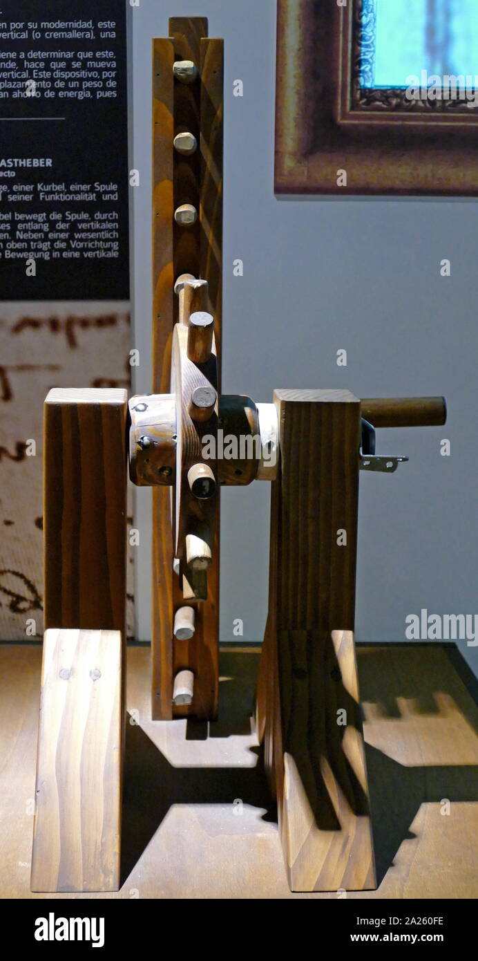 Model reconstruction showing a LIFTING JACK based on a drawing by Leonardo da Vinci Stock Photo