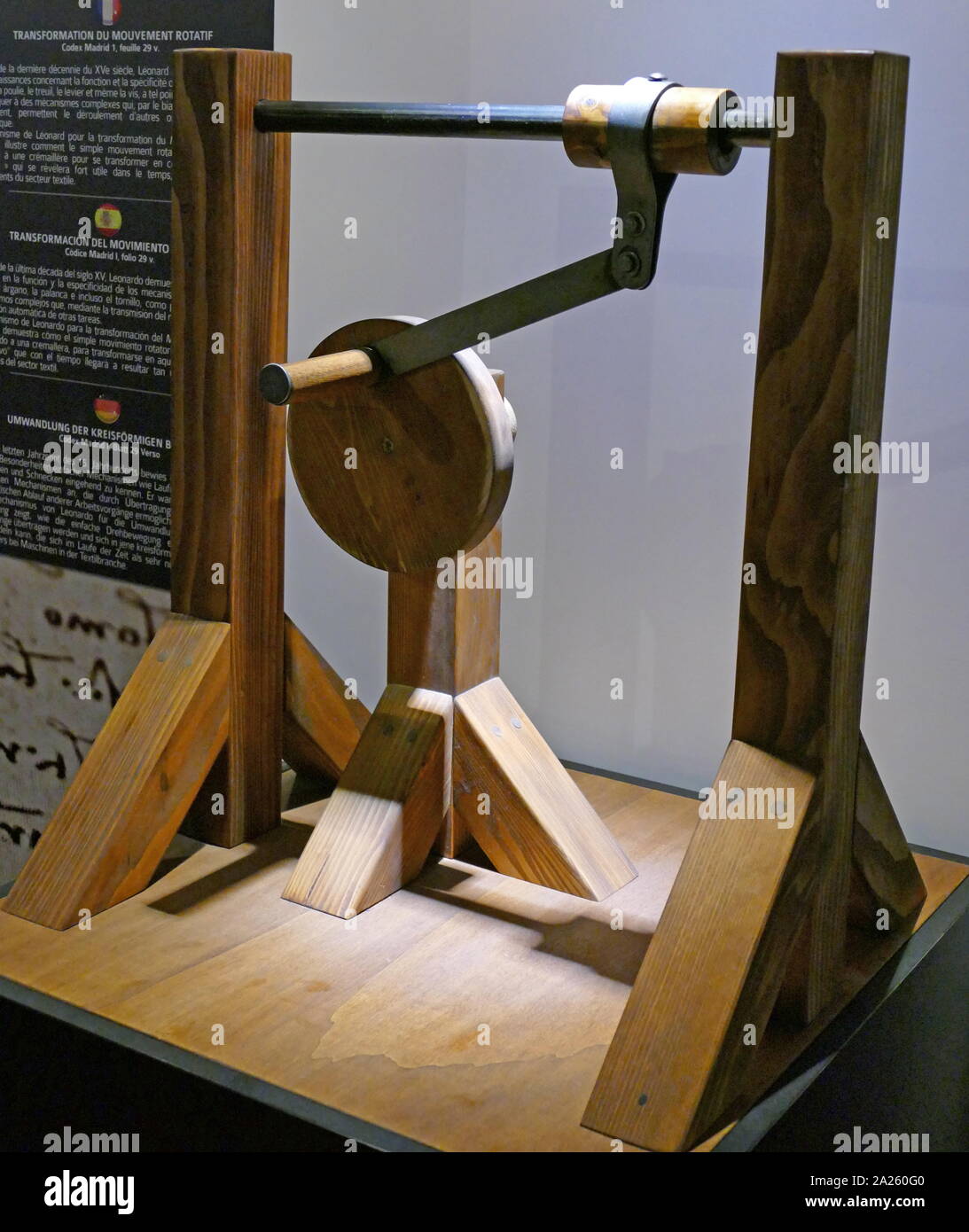 model of Leonardo Da Vinci's mechanism, for the transformation of Circular Motion. proved to be extremely useful, especially for machines used in the textile industry. based on a drawing by Leonardo da Vinci (1452-1519), Italian artist and polymath. Madrid Codex I, folio 29 v. Stock Photo