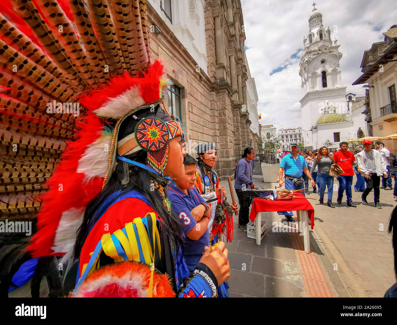Quito, Ecuador, September 29, 2019: Music indigenous street performers