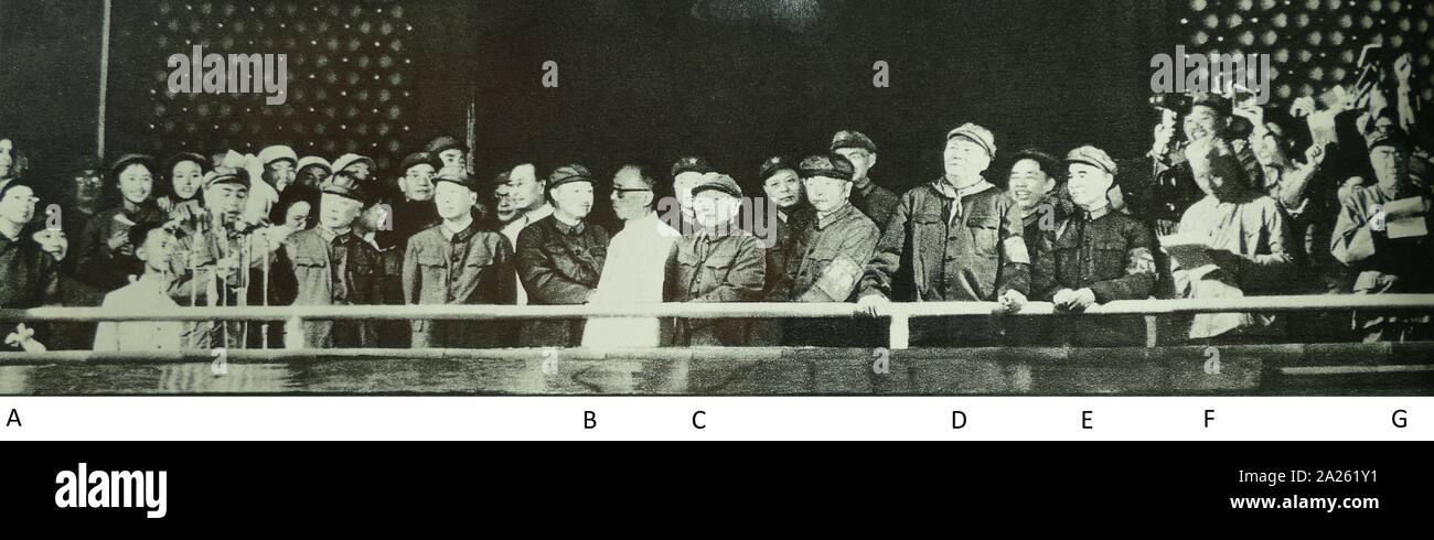Communist Party leadership in Beijing 1965. The group includes: A: Mao's wife, Jiang Qing; B: Kang Sheng; C: Deng Hsiao Ping; D: Chairman Mao; E: Lin Biao; F: Liu Shaoqui; G: Zhu De. Many of these figures were purged within a year during the Cultural Revolution. Stock Photo