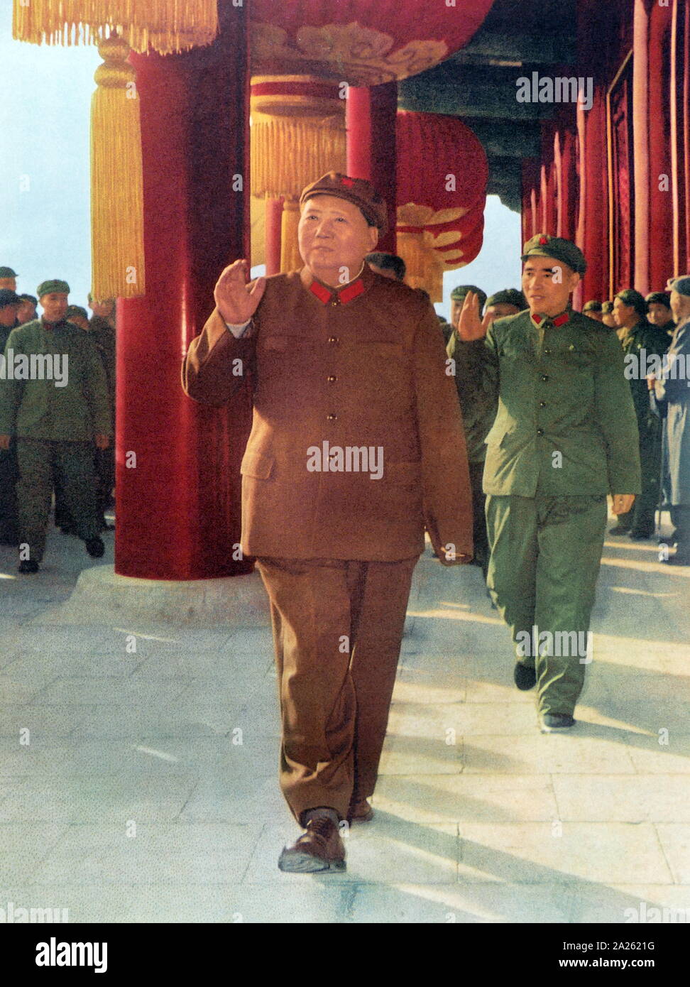 Lin Biao with Mao Zedong (Chinese leader), 1967. Lin Biao (1907 - 1971). Lin became instrumental in creating the foundations for Mao Zedong's cult of personality, and was rewarded in the Cultural Revolution by being named Mao's designated successor. Lin died on September 13, 1971. Stock Photo