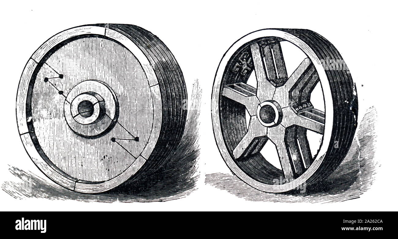 An engraving depicting maple wood pulley wheels. The bush gripped the shaft strongly enough for keys and set-screws not to be necessary, and they could be transferred to shafts of different diameters. Much lighter than iron pulleys, they were also claimed to transmit power more efficiently. Dated 19th century Stock Photo
