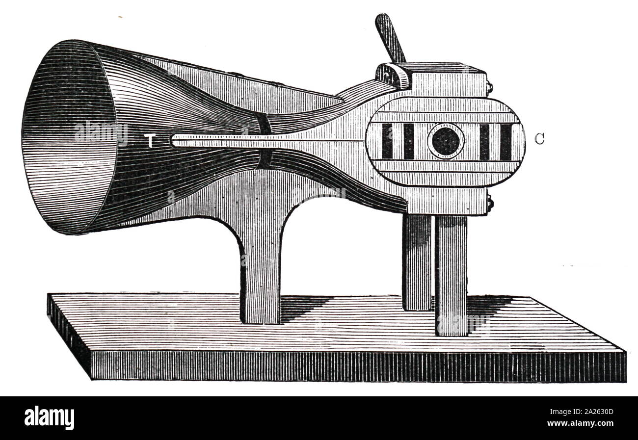 An engraving depicting Major Richard Maitland 's fog signal gun. At c was a series of chambers which enabled many charges to fire in rapid succession. The bell-shaped mouth projected the sound over the sea in the direction required. This apparatus had a short life as it was discovered that guncotton produced a better sound than gunpowder. Major Richard Maitland (1714-1763) a British Army officer who served in the Royal Artillery. Dated 19th century Stock Photo