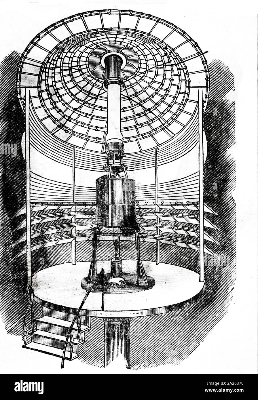 An engraving depicting South Foreland Lighthouse An engraving depicting South Foreland Lighthouse lighting apparatus, a Victorian lighthouse on the South Foreland in St. Margaret's Bay, Dover, Kent, used to warn ships approaching the nearby Goodwin Sands. Dated 19th century Stock Photo