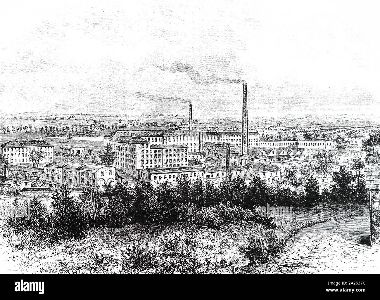 An engraving depicting the Bessbrook Mills and village. Developed in the mid-nineteenth century by a Quaker, John Grubb Richardson, the complex included a Meeting House, chapels, churches, dispensary, school, but no public house. Worker's cottages are visible in the background. Known as the Irish Saltaire. Dated 19th century Stock Photo