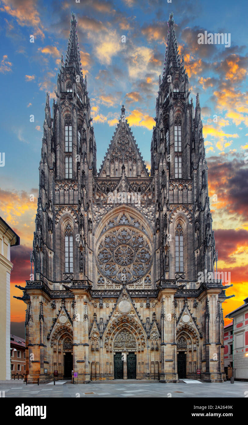 Front view of the main entrance to the St. Vitus cathedral in Prague Castle in Prague, Czech Republic Stock Photo