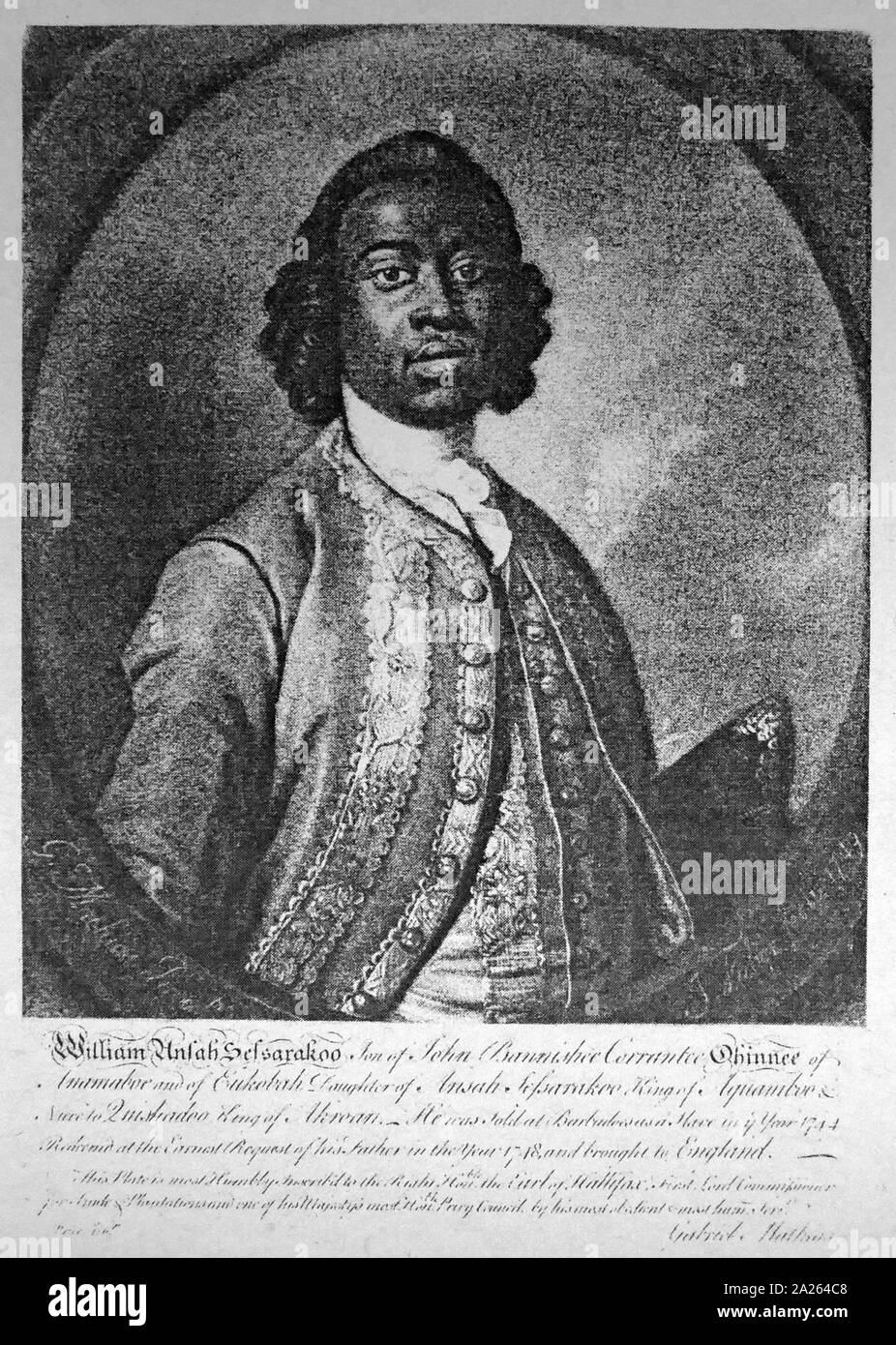 William Ansah Sessarakoo (c. 1736–1770), a prominent 18th-century Ghanaian, is best known for his wrongful enslavement in the West Indies and a diplomatic mission to England. He was both prominent among the Fante people and influential among Europeans concerned with the transatlantic slave trade. Stock Photo